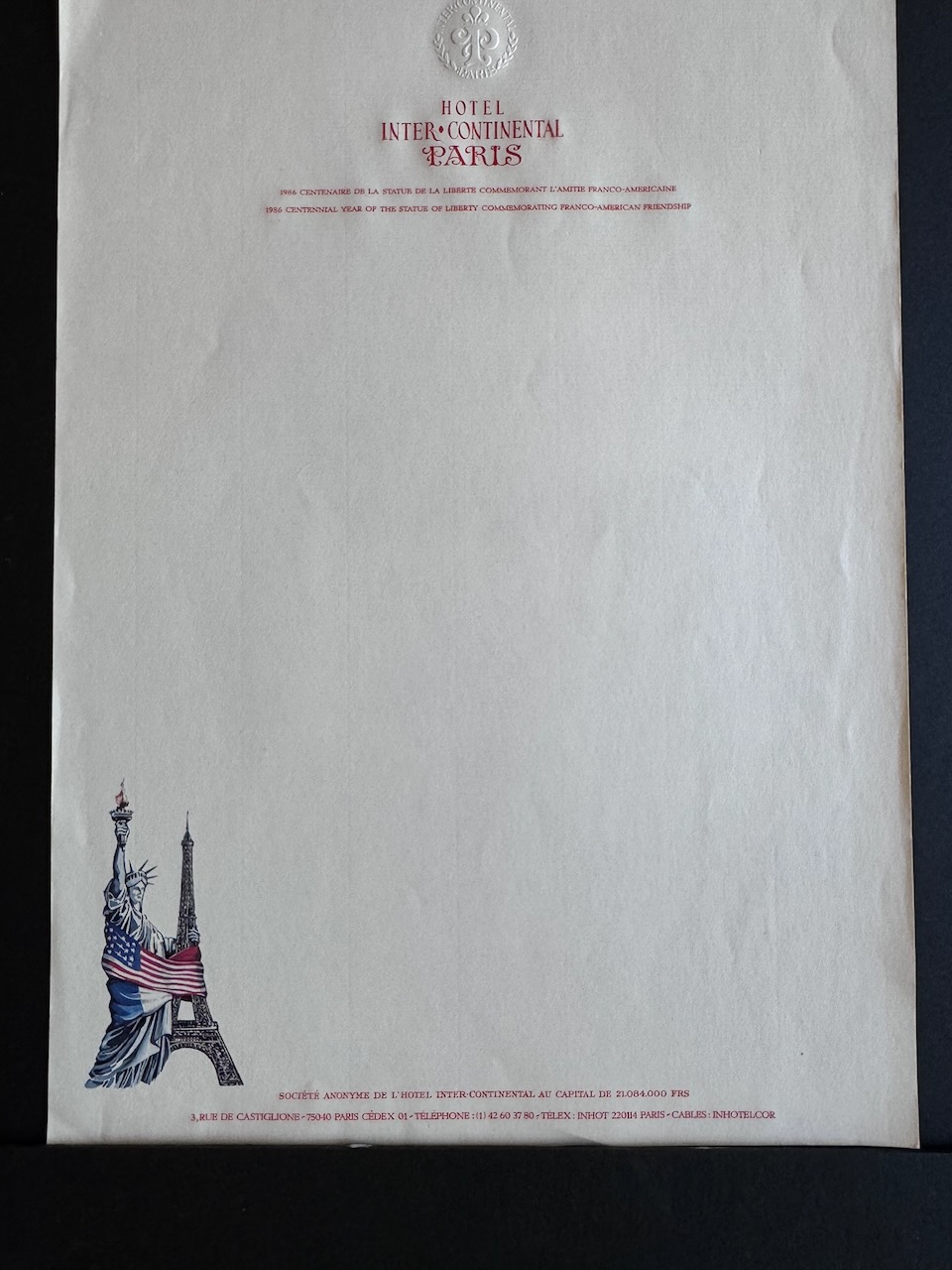 HOTEL INTERCONTINENTAL PARIS stationery image 2