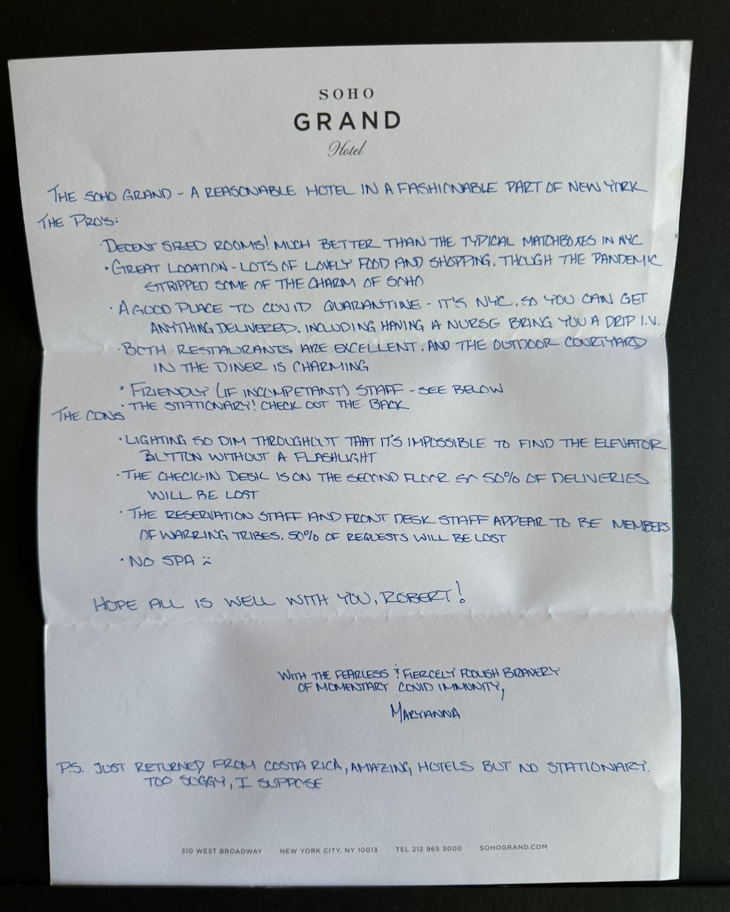 Soho Grand Hotel New York stationery image 7